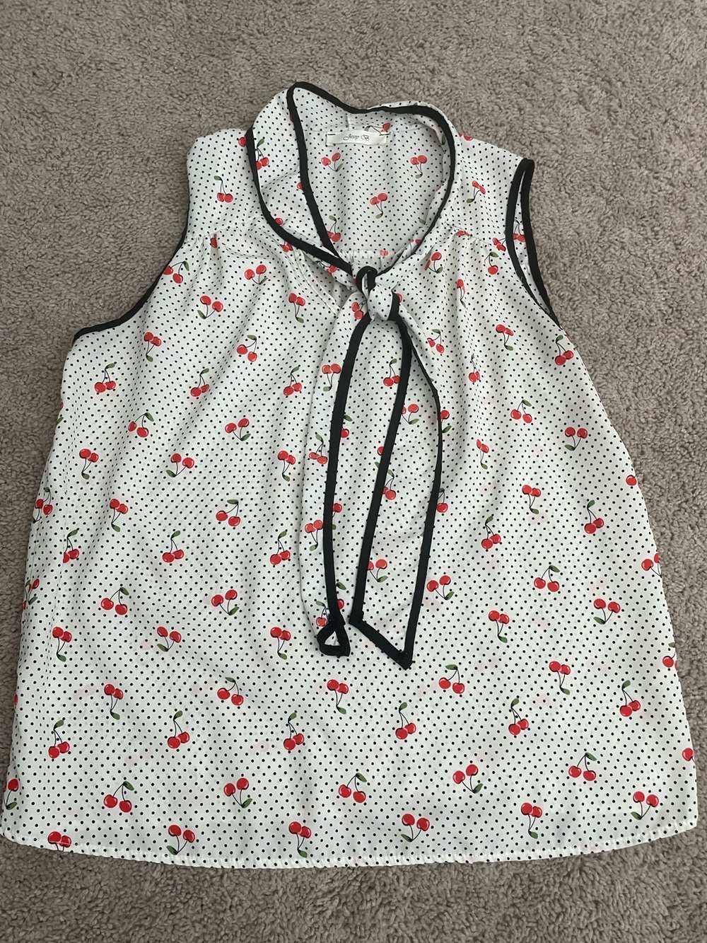 Jessy B Cherry Polka Dot Sleeveless Tie Neck Blouse Top White Black Red